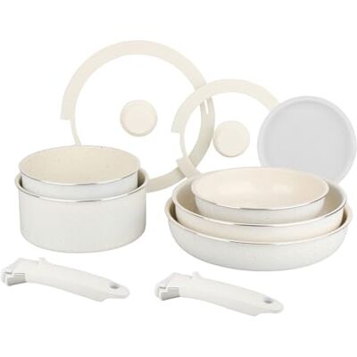 Sitram 716977 Kochgeschirr-Set 10-teilig aus weißem Aluminium – gesunde Keramikbeschichtung ohne PFAS – 2 Pfannen Ø20/28, 2 Töpfe Ø18/20, 1 Schmorpfanne Ø26 + 3 Deckel – für alle Herdarten, auch Sitram 716977 Kochgeschirr-Set 10-teilig aus weißem Aluminium – gesunde Keramikbeschichtung ohne PFAS – 2 Pfannen Ø20/28, 2 Töpfe Ø18/20, 1 Schmorpfanne Ø26 + 3 Deckel – für alle Herdarten, auch