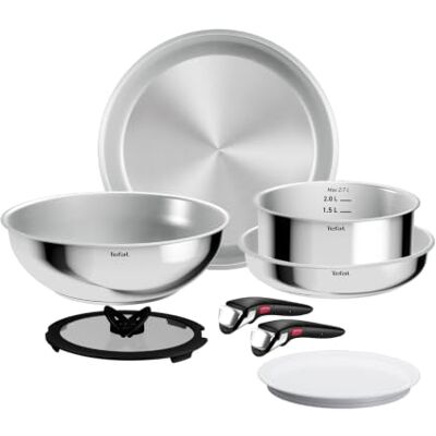 Tefal Ingenio Comfort Max 8-tlg. Kochgeschirr-Set, extrastarker Boden, unversiegelt, platzsparend, Thermo-Signal, für alle Herdarten, sicherer Griff, mühelose Reinigung, Edelstahl, L968S834 Tefal Ingenio Comfort Max 8-tlg. Kochgeschirr-Set, extrastarker Boden, unversiegelt, platzsparend, Thermo-Signal, für alle Herdarten, sicherer Griff, mühelose Reinigung, Edelstahl, L968S834