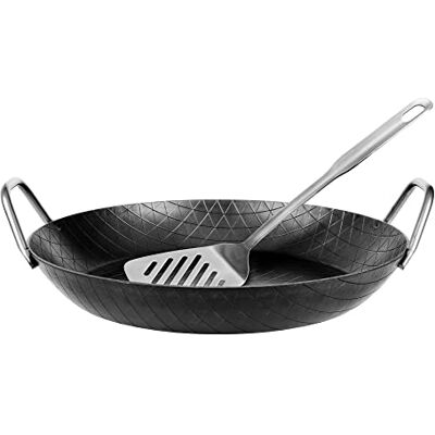 GRÄWE F400 Schmiedeeiserne Servierpfanne hoch Ø 32 cm mit Wender 400° C hitzebeständig, Pfanne aus Eisen, kratzfeste Bratpfanne, unbeschichtet, Outdoor-Cooking, induktionsgeeignet GRÄWE F400 Schmiedeeiserne Servierpfanne hoch Ø 32 cm mit Wender 400° C hitzebeständig, Pfanne aus Eisen, kratzfeste Bratpfanne, unbeschichtet, Outdoor-Cooking, induktionsgeeignet