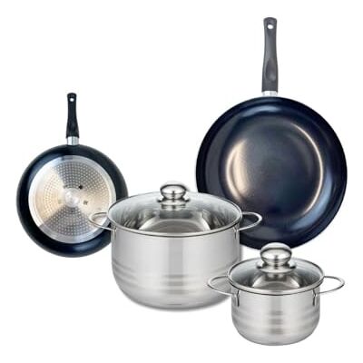 FACKELMANN ELO 9726150 Kochgeschirr-Set, 4-teilig, 2 Bratpfannen 20 und 28 cm und 2 Kochtöpfe 16 und 24 cm Elo Prima glänzend, Edelstahl, Induktion FACKELMANN ELO 9726150 Kochgeschirr-Set, 4-teilig, 2 Bratpfannen 20 und 28 cm und 2 Kochtöpfe 16 und 24 cm Elo Prima glänzend, Edelstahl, Induktion