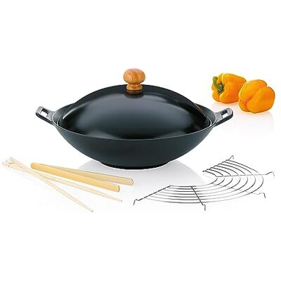 kela Gusseisen Wokpfanne mit Deckel 36 cm ASIA, Wokset mit Dünstrost, Stäbchen, Holzzange, 4,5L Wokpfanne Induktion kela Gusseisen Wokpfanne mit Deckel 36 cm ASIA, Wokset mit Dünstrost, Stäbchen, Holzzange, 4,5L Wokpfanne Induktion
