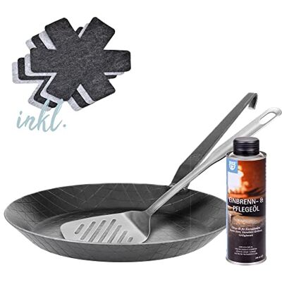 GRÄWE F400 Schmiedeeiserne Bratpfanne Ø 28 cm Starterset mit Wender Unbeschichtet, bis 400 °C, induktionsgeeignet, inklusive Wender, Pfannenschutz sowie Einbrenn- und Pflegeöl GRÄWE F400 Schmiedeeiserne Bratpfanne Ø 28 cm Starterset mit Wender Unbeschichtet, bis 400 °C, induktionsgeeignet, inklusive Wender, Pfannenschutz sowie Einbrenn- und Pflegeöl
