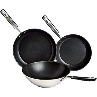 Amazon 3-teiliges Brat- und Wokpfannen-Set mit Antihaftbeschichtung, induktionsgeeignet, mit bequemem Griff, Edelstahl, 24/28/28 cm Amazon 3-teiliges Brat- und Wokpfannen-Set mit Antihaftbeschichtung, induktionsgeeignet, mit bequemem Griff, Edelstahl, 24/28/28 cm