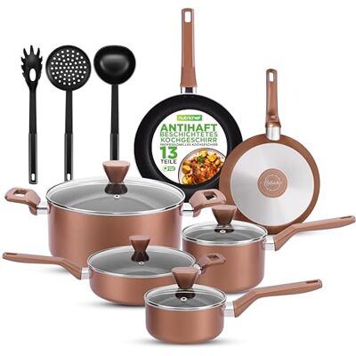 NutriChef Töpfe und Pfannen Set, 13- teilig Antihaft Kochgeschirr Set Inkl. Topfset mit Glasdeckeln, Pfannenset & Küchenzubehör, für Gas, Elektro & Keramik, Backofenfest, PFOA & PFOS-frei NutriChef Töpfe und Pfannen Set, 13- teilig Antihaft Kochgeschirr Set Inkl. Topfset mit Glasdeckeln, Pfannenset & Küchenzubehör, für Gas, Elektro & Keramik, Backofenfest, PFOA & PFOS-frei
