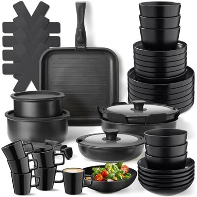 tectake ® 47-tlg. Küchenstarterset, Steingut Geschirrset 6 Personen, Tassen, Teller Set, 2x Kochtopf, 4x Bratpfanne, Deckel, rostfrei, abnehmbare Griffe, induktionsgeeignet, Topfschoner schwarz tectake ® 47-tlg. Küchenstarterset, Steingut Geschirrset 6 Personen, Tassen, Teller Set, 2x Kochtopf, 4x Bratpfanne, Deckel, rostfrei, abnehmbare Griffe, induktionsgeeignet, Topfschoner schwarz