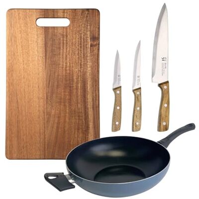 San Ignacio Wok mit einem Durchmesser von 30 cm, aus gepresstem Aluminium, Blau, 3 Töpfe aus Edelstahl + Schneidebrett 40 x 25 cm NOIA San Ignacio Wok mit einem Durchmesser von 30 cm, aus gepresstem Aluminium, Blau, 3 Töpfe aus Edelstahl + Schneidebrett 40 x 25 cm NOIA