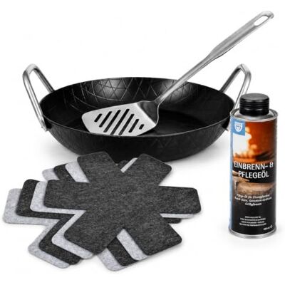 GRÄWE F400 Schmiedeeiserne Servierpfanne Ø 24 cm Starterset mit Wender Unbeschichtet, bis 400 °C, induktionsgeeignet, inklusive Wender, Pfannenschutz sowie Einbrenn- und Pflegeöl GRÄWE F400 Schmiedeeiserne Servierpfanne Ø 24 cm Starterset mit Wender Unbeschichtet, bis 400 °C, induktionsgeeignet, inklusive Wender, Pfannenschutz sowie Einbrenn- und Pflegeöl
