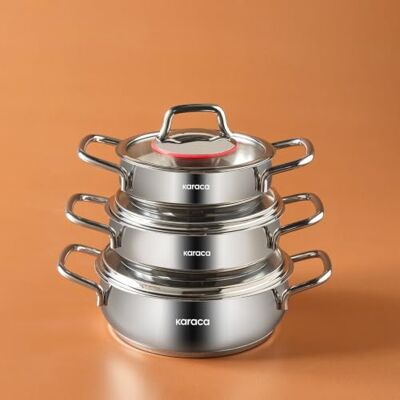 KARACA Emirgan 6-Tlg, Sahan-Set aus Stahl Topfset, Kochgeschirr set, Kochtopfsets, Edelstahl, Induktionsgeeignet, mit Glasdeckel und von Edelstahl Topfset KARACA Emirgan 6-Tlg, Sahan-Set aus Stahl Topfset, Kochgeschirr set, Kochtopfsets, Edelstahl, Induktionsgeeignet, mit Glasdeckel und von Edelstahl Topfset