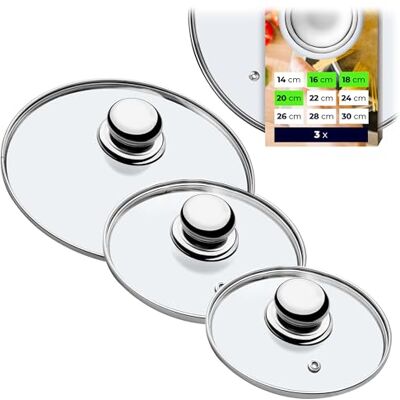 KADAX 3er Set Glasdeckel, Topfdeckel Ø16/18/20 cm mit Metallgriff, hitzebeständig, universell passend für Töpfe & Pfannen, sauberes Kochen mit Sicht auf den Inhalt KADAX 3er Set Glasdeckel, Topfdeckel Ø16/18/20 cm mit Metallgriff, hitzebeständig, universell passend für Töpfe & Pfannen, sauberes Kochen mit Sicht auf den Inhalt