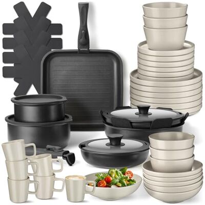 tectake ® 47-tlg. Küchenstarterset, Steingut Geschirrset 6 Personen, Tassen, Teller Set, 2x Kochtopf, 4x Bratpfanne, Deckel, rostfrei, abnehmbare Griffe, für Induktion, Topfschoner schwarz/taupe tectake ® 47-tlg. Küchenstarterset, Steingut Geschirrset 6 Personen, Tassen, Teller Set, 2x Kochtopf, 4x Bratpfanne, Deckel, rostfrei, abnehmbare Griffe, für Induktion, Topfschoner schwarz/taupe