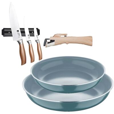 Bergner Click&Cook Set mit 2 Pfannen, Ø 24 x 28 cm, recyceltes gepresstes Aluminium, grün, mit abnehmbarem Griff + 3-teiliges Messerset mit magnetischem Halter Bergner Click&Cook Set mit 2 Pfannen, Ø 24 x 28 cm, recyceltes gepresstes Aluminium, grün, mit abnehmbarem Griff + 3-teiliges Messerset mit magnetischem Halter
