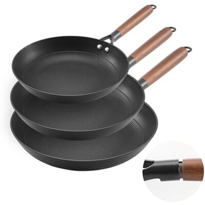 VEVOR Gusseisenpfanne Bratpfannen-Set (205/265 / 310 mm), Hochleistungs-Bratpfannen mit abnehmbarem Holzgriff, Kochpfanne, Küchenkochgeschirr, geeignet für Gas Elektro Schwarz VEVOR Gusseisenpfanne Bratpfannen-Set (205/265 / 310 mm), Hochleistungs-Bratpfannen mit abnehmbarem Holzgriff, Kochpfanne, Küchenkochgeschirr, geeignet für Gas Elektro Schwarz