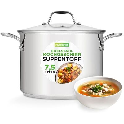 NutriChef Kochtopf groß, 8L Suppentopf Induktion aus Edelstahl mit Glasdeckel, 18/8 Großraumtopf Hitzebeständig bis 260 °C, Für alle Herdarten, Spülmaschinengeeignet, Silver NutriChef Kochtopf groß, 8L Suppentopf Induktion aus Edelstahl mit Glasdeckel, 18/8 Großraumtopf Hitzebeständig bis 260 °C, Für alle Herdarten, Spülmaschinengeeignet, Silver