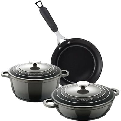 Bergner EXCALIBUR Set Kochtopf Ø 20 cm 2,4 l und niedriger Kochtopf Ø 24 cm 2,3 l aus Aluminium + Pfanne Ø 24 cm aus geschmiedetem Aluminium Bergner EXCALIBUR Set Kochtopf Ø 20 cm 2,4 l und niedriger Kochtopf Ø 24 cm 2,3 l aus Aluminium + Pfanne Ø 24 cm aus geschmiedetem Aluminium