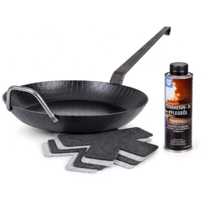 GRÄWE F400 Schmiedeeisen-Bratpfanne hoch Ø 32 cm mit Gegengriff Starterset Hoher Rand mit Gegengriff, unbeschichtet, bis 400 °C, induktionsgeeignet, inklusive Wender, Pfannenschutz und Einbrennöl GRÄWE F400 Schmiedeeisen-Bratpfanne hoch Ø 32 cm mit Gegengriff Starterset Hoher Rand mit Gegengriff, unbeschichtet, bis 400 °C, induktionsgeeignet, inklusive Wender, Pfannenschutz und Einbrennöl