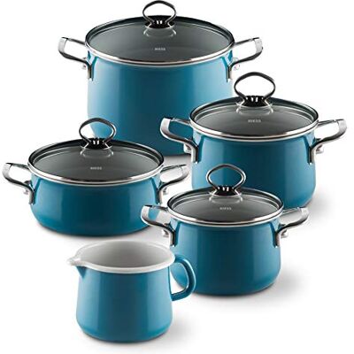 Riess , 0546-010, Emaille Topf Sparset 5tlg. NOUVELLE, AQUAMARIN, Emaille, Vol. (rec.): 10,0 Liter, Made in Österreich, LBH: 48,5x39,0x28,5cm, 7,380kg, Induktionskocher kompatibel, Gasherd geeignet Riess , 0546-010, Emaille Topf Sparset 5tlg. NOUVELLE, AQUAMARIN, Emaille, Vol. (rec.): 10,0 Liter, Made in Österreich, LBH: 48,5x39,0x28,5cm, 7,380kg, Induktionskocher kompatibel, Gasherd geeignet
