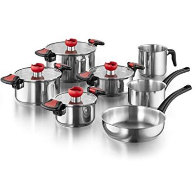 Kopf Kochtopf-Set Nelo 11-teilig aus Edelstahl I Induktions Töpfe Set mit Deckel, intelligenter Abgießhilfe & integrierter Siebfunktion I 4 Töpfe mit Glasdeckel + Pfanne, Stielkasserolle & Milchtopf Kopf Kochtopf-Set Nelo 11-teilig aus Edelstahl I Induktions Töpfe Set mit Deckel, intelligenter Abgießhilfe & integrierter Siebfunktion I 4 Töpfe mit Glasdeckel + Pfanne, Stielkasserolle & Milchtopf