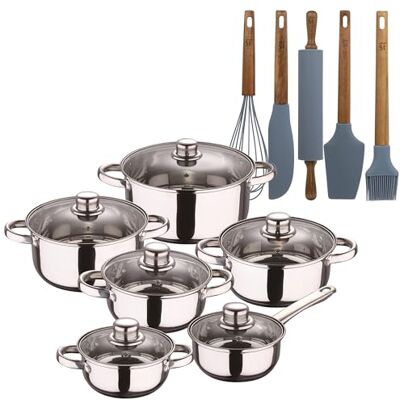 Bergner San Ignacio Kochgeschirr-Set, 12-teilig, aus Edelstahl, verchromt, Kollektion Cassel+, 5-teiliges Küchenutensilien-Set aus Silikon und Holz Bergner San Ignacio Kochgeschirr-Set, 12-teilig, aus Edelstahl, verchromt, Kollektion Cassel+, 5-teiliges Küchenutensilien-Set aus Silikon und Holz