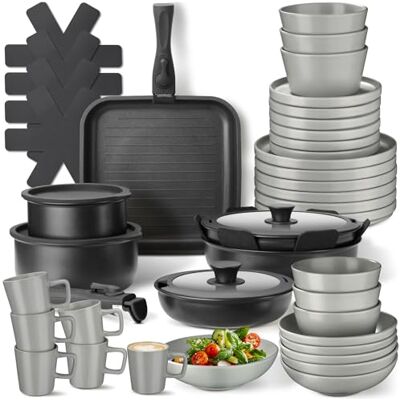 tectake ® 47-tlg. Küchenstarterset, Steingut Geschirrset 6 Personen, Tassen, Teller Set, 2x Kochtopf, 4x Bratpfanne, Deckel, rostfrei, abnehmbare Griffe, für Induktion, Topfschoner grau/schwarz tectake ® 47-tlg. Küchenstarterset, Steingut Geschirrset 6 Personen, Tassen, Teller Set, 2x Kochtopf, 4x Bratpfanne, Deckel, rostfrei, abnehmbare Griffe, für Induktion, Topfschoner grau/schwarz