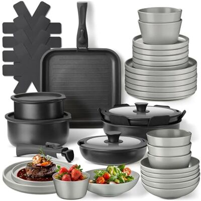 tectake ® 41-tlg. Küchenstarterset, Steingut Geschirrset 6 Personen, Teller Set, 2x Kochtopf, 4x Bratpfanne mit Deckel, rostfrei, abnehmbare Griffe, induktionsgeeignet, Topfschoner grau/schwarz tectake ® 41-tlg. Küchenstarterset, Steingut Geschirrset 6 Personen, Teller Set, 2x Kochtopf, 4x Bratpfanne mit Deckel, rostfrei, abnehmbare Griffe, induktionsgeeignet, Topfschoner grau/schwarz
