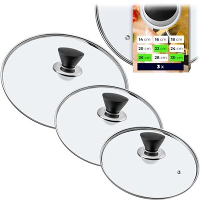 KADAX 3er Set Universaldeckel aus Glas Ø22/26/30 cm, hitzebeständig, mit mattschwarzem Griff, für Töpfe und Pfannen, zum Kochen und Braten KADAX 3er Set Universaldeckel aus Glas Ø22/26/30 cm, hitzebeständig, mit mattschwarzem Griff, für Töpfe und Pfannen, zum Kochen und Braten