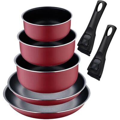Bergner Click&Cook Set mit 2 Pfannen Ø 22 Ø 26 cm mit abnehmbarem Griff + 3 Töpfe Ø 16 Ø 18 x 20 cm mit abnehmbarem Griff aus gepresstem Aluminium, Farbe: Rot Bergner Click&Cook Set mit 2 Pfannen Ø 22 Ø 26 cm mit abnehmbarem Griff + 3 Töpfe Ø 16 Ø 18 x 20 cm mit abnehmbarem Griff aus gepresstem Aluminium, Farbe: Rot