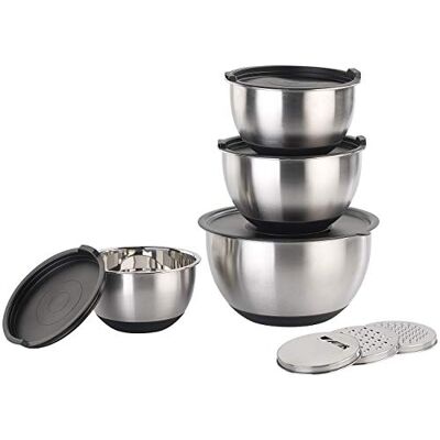 Rosenstein & Söhne Edelstahl Schüssel: 11-teiliges Premium-Rührschüssel-Set mit 3 Reibeaufsätzen, Edelstahl (Schüsselset, Schüssel Set, Topf) Rosenstein & Söhne Edelstahl Schüssel: 11-teiliges Premium-Rührschüssel-Set mit 3 Reibeaufsätzen, Edelstahl (Schüsselset, Schüssel Set, Topf)