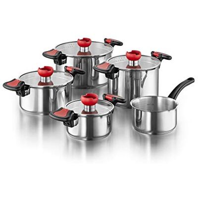 Kopf Kochtopf-Set Nelo 9-teilig aus Edelstahl I Induktions Töpfe Set mit Deckel, intelligenter Abgießhilfe & integrierter Siebfunktion I 4 Töpfe mit Glasdeckel + 1 Stielkasserolle Kopf Kochtopf-Set Nelo 9-teilig aus Edelstahl I Induktions Töpfe Set mit Deckel, intelligenter Abgießhilfe & integrierter Siebfunktion I 4 Töpfe mit Glasdeckel + 1 Stielkasserolle
