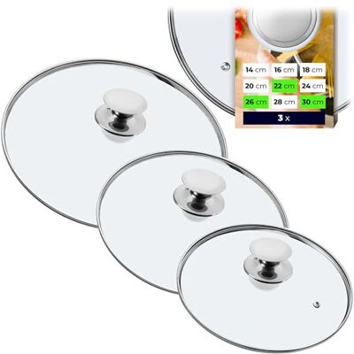 KADAX 3er Set Universaldeckel aus Glas Ø22/26/30 cm, hitzebeständig, Silbergriff, für Töpfe und Pfannen, ersetzt mehrere Einzeldeckel KADAX 3er Set Universaldeckel aus Glas Ø22/26/30 cm, hitzebeständig, Silbergriff, für Töpfe und Pfannen, ersetzt mehrere Einzeldeckel