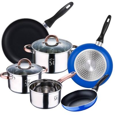 San Ignacio Kochtopf, 5 Stück, Edelstahl, Ø16 Ø 18 Ø 20 cm, mit 2 Glasdeckeln, 3 Pfannen Ø 16/20/24 cm, gepresstes Aluminium, blau, Set geeignet für Induktion San Ignacio Kochtopf, 5 Stück, Edelstahl, Ø16 Ø 18 Ø 20 cm, mit 2 Glasdeckeln, 3 Pfannen Ø 16/20/24 cm, gepresstes Aluminium, blau, Set geeignet für Induktion