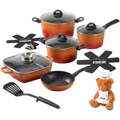 STONELINE Kochgeschirr Set 15-teilig 18/20/24 cm Pfannen und Töpfe Set mit Deckel, Topfset Induktion Antihaft Beschichtet mit echten Steinpartikeln, Alle Herdarten, Farbe: Orange STONELINE Kochgeschirr Set 15-teilig 18/20/24 cm Pfannen und Töpfe Set mit Deckel, Topfset Induktion Antihaft Beschichtet mit echten Steinpartikeln, Alle Herdarten, Farbe: Orange
