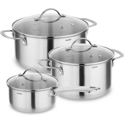 Kopf Topfset Induktion Clara 6-teiliges Kochtopf Set mit Edelstahl Töpfe Backofen & Spülmaschinen geeignet Topf Set für alle Herdarten 2 Kochtöpfe, 1 Stielkasserolle, 3 Glasdeckel Literskala Kopf Topfset Induktion Clara 6-teiliges Kochtopf Set mit Edelstahl Töpfe Backofen & Spülmaschinen geeignet Topf Set für alle Herdarten 2 Kochtöpfe, 1 Stielkasserolle, 3 Glasdeckel Literskala