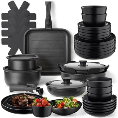 tectake ® 41-tlg. Küchenstarterset, Steingut Geschirrset 6 Personen, Teller Set, 2x Kochtopf, 4x Bratpfanne mit Deckel, rostfrei, abnehmbare Griffe, induktionsgeeignet, inkl. Topfschoner schwarz tectake ® 41-tlg. Küchenstarterset, Steingut Geschirrset 6 Personen, Teller Set, 2x Kochtopf, 4x Bratpfanne mit Deckel, rostfrei, abnehmbare Griffe, induktionsgeeignet, inkl. Topfschoner schwarz