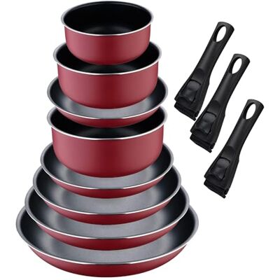 Bergner Click&Cook Set mit 5 Pfannen, Ø 18 x 20 x 22 x 24 x 26 cm, mit 2 abnehmbaren Griffen + 3 Töpfe Ø 16 Ø 18 Ø 20 cm mit abnehmbarem Griff, gepresstes Aluminium, Rot Bergner Click&Cook Set mit 5 Pfannen, Ø 18 x 20 x 22 x 24 x 26 cm, mit 2 abnehmbaren Griffen + 3 Töpfe Ø 16 Ø 18 Ø 20 cm mit abnehmbarem Griff, gepresstes Aluminium, Rot