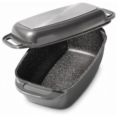 STONELINE Aluguss Bräter mit Deckel 40x22 cm, 5,8 L Bräter Induktion Backofengeeignet Für alle Herdarten, Deckel als Auflaufform verwendbar, Topf Antihaft Beschichtet mit echten Steinpartikeln, Grau STONELINE Aluguss Bräter mit Deckel 40x22 cm, 5,8 L Bräter Induktion Backofengeeignet Für alle Herdarten, Deckel als Auflaufform verwendbar, Topf Antihaft Beschichtet mit echten Steinpartikeln, Grau