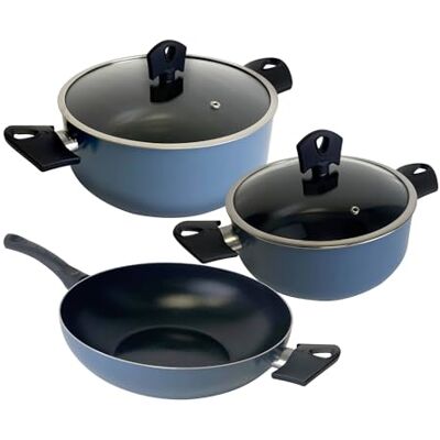 San Ignacio Set mit 2 Kochtöpfen Ø 20 x 24 cm mit Deckel + Wok Ø 30 cm aus gepresstem Aluminium, Farbe Blau NOIA San Ignacio Set mit 2 Kochtöpfen Ø 20 x 24 cm mit Deckel + Wok Ø 30 cm aus gepresstem Aluminium, Farbe Blau NOIA