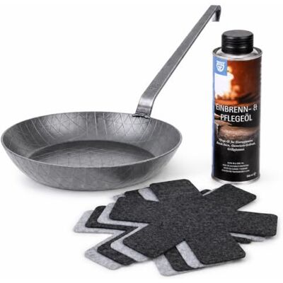 GRÄWE F400 Schmiedeeiserne Bratpfanne hoch Ø 24 cm Starterset mit Wender Hoher Rand, unbeschichtet, bis 400 °C, induktionsgeeignet, inklusive Wender, Pfannenschutz sowie Einbrenn- und Pflegeöl GRÄWE F400 Schmiedeeiserne Bratpfanne hoch Ø 24 cm Starterset mit Wender Hoher Rand, unbeschichtet, bis 400 °C, induktionsgeeignet, inklusive Wender, Pfannenschutz sowie Einbrenn- und Pflegeöl