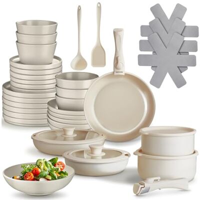 tectake ® Küchenstarterset 6 Personen, Steingut Geschirr Set, Teller, 3 Pfannen, 2 Töpfe, rostfreies Aluminium, Kochtopf Set, Töpfe Set, kratzfest, inkl. 5 Küchenwerkzeuge taupe/weiß, 40-tlg. tectake ® Küchenstarterset 6 Personen, Steingut Geschirr Set, Teller, 3 Pfannen, 2 Töpfe, rostfreies Aluminium, Kochtopf Set, Töpfe Set, kratzfest, inkl. 5 Küchenwerkzeuge taupe/weiß, 40-tlg.