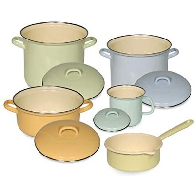 Riess , 0547-006, Emaille-Set 5tlg, BUNT/Pastell, 2 Töpfe mit Chromrand 18, 22 cm mit Deckel, 1 Kasserolle mit Deckel 20 cm, 1 Stielkasserolle 16 cm, 1 Henkeltopf mit Deckel 14 cm, Emaille Riess , 0547-006, Emaille-Set 5tlg, BUNT/Pastell, 2 Töpfe mit Chromrand 18, 22 cm mit Deckel, 1 Kasserolle mit Deckel 20 cm, 1 Stielkasserolle 16 cm, 1 Henkeltopf mit Deckel 14 cm, Emaille