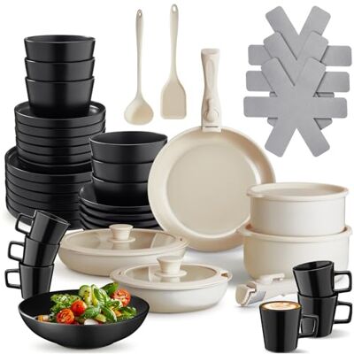 tectake ® Küchenstarterset 6 Personen, Steingut Geschirr Set, Teller, 3 Pfannen, 2 Töpfe, rostfreies Aluminium, Kochtopf Set, Töpfe Set, kratzfest, inkl. 5 Küchenwerkzeuge schwarz/weiß, 46-tlg. tectake ® Küchenstarterset 6 Personen, Steingut Geschirr Set, Teller, 3 Pfannen, 2 Töpfe, rostfreies Aluminium, Kochtopf Set, Töpfe Set, kratzfest, inkl. 5 Küchenwerkzeuge schwarz/weiß, 46-tlg.