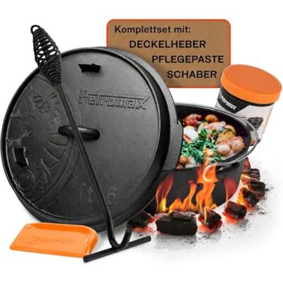 Petromax ft6t Feuertopf-Set Dutch Oven mit Zubehör für Grill & Feuer Gusseisen Schmortopf 5,5 l Planer Boden inklusive Deckelheber, Pflegepaste und Schaber Ideal zum Backen und Braten Petromax ft6t Feuertopf-Set Dutch Oven mit Zubehör für Grill & Feuer Gusseisen Schmortopf 5,5 l Planer Boden inklusive Deckelheber, Pflegepaste und Schaber Ideal zum Backen und Braten
