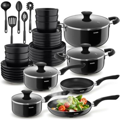 tectake ® Küchenstarterset 6 Personen, Steingut Geschirr Set, Teller, 4 Töpfe 2 Pfannen rostfreies Aluminium, Kochtopf Set, Töpfe Set, kratzfest, leichte Reinigung, 5 Küchenwerkzeuge schwarz, 39-tlg tectake ® Küchenstarterset 6 Personen, Steingut Geschirr Set, Teller, 4 Töpfe 2 Pfannen rostfreies Aluminium, Kochtopf Set, Töpfe Set, kratzfest, leichte Reinigung, 5 Küchenwerkzeuge schwarz, 39-tlg