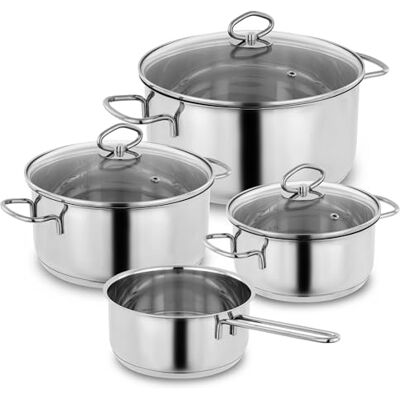 Kopf Topfset Induktion Merkur, 4-teilig, Kochtopfset aus Edelstahl Induktions Töpfe Set mit Schüttrand, Literskala, Glasdeckel Kopf Topfset Induktion Merkur, 4-teilig, Kochtopfset aus Edelstahl Induktions Töpfe Set mit Schüttrand, Literskala, Glasdeckel