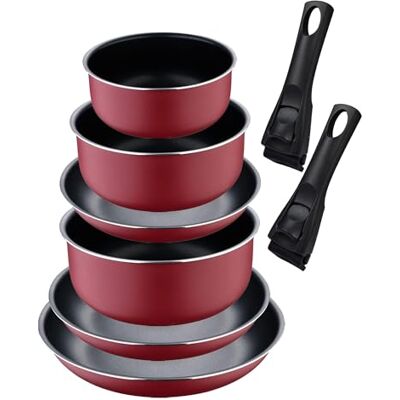 Bergner Click&Cook Set mit 3 Pfannen Ø 18 x 20 x 24 cm mit abnehmbarem Griff + 3 Töpfe Ø 16 x 18 x 20 cm mit abnehmbarem Griff aus gepresstem Aluminium, Farbe: Rot Bergner Click&Cook Set mit 3 Pfannen Ø 18 x 20 x 24 cm mit abnehmbarem Griff + 3 Töpfe Ø 16 x 18 x 20 cm mit abnehmbarem Griff aus gepresstem Aluminium, Farbe: Rot