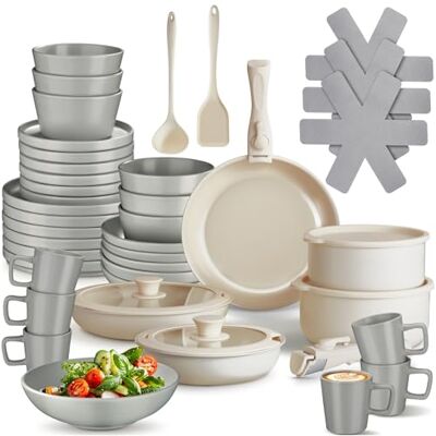 tectake ® Küchenstarterset 6 Personen, Steingut Geschirr Set, Teller, 3 Pfannen, 2 Töpfe, rostfreies Aluminium, Kochtopf Set, Töpfe Set, kratzfest, inkl. 5 Küchenwerkzeuge grau/weiß, 46-tlg. tectake ® Küchenstarterset 6 Personen, Steingut Geschirr Set, Teller, 3 Pfannen, 2 Töpfe, rostfreies Aluminium, Kochtopf Set, Töpfe Set, kratzfest, inkl. 5 Küchenwerkzeuge grau/weiß, 46-tlg.