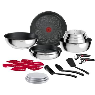 Tefal Ingenio Comfort Max 20-tlg. Kochgeschirr-Set, Titanium Antihaftversiegelung, stapelbar, platzsparend, Thermo-Signal, für alle Herdarten, sicherer Griff, mühelose Reinigung, Edelstahl, L966SK44 Tefal Ingenio Comfort Max 20-tlg. Kochgeschirr-Set, Titanium Antihaftversiegelung, stapelbar, platzsparend, Thermo-Signal, für alle Herdarten, sicherer Griff, mühelose Reinigung, Edelstahl, L966SK44