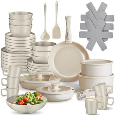tectake ® Küchenstarterset 6 Personen, Steingut Geschirr Set, Teller, 3 Pfannen, 2 Töpfe, rostfreies Aluminium, Kochtopf Set, Töpfe Set, kratzfest, inkl. 5 Küchenwerkzeuge taupe/weiß, 46-tlg. tectake ® Küchenstarterset 6 Personen, Steingut Geschirr Set, Teller, 3 Pfannen, 2 Töpfe, rostfreies Aluminium, Kochtopf Set, Töpfe Set, kratzfest, inkl. 5 Küchenwerkzeuge taupe/weiß, 46-tlg.