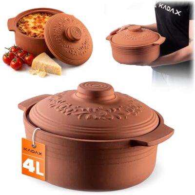 KADAX Tonbräter, Keramiktopf mit Deckel für Mikrowelle und Backofen, Dampfgarer aus natürlichen Materialien, Auflaufform für fettfreies Kochen, Brätertopf (Rund, 4L) KADAX Tonbräter, Keramiktopf mit Deckel für Mikrowelle und Backofen, Dampfgarer aus natürlichen Materialien, Auflaufform für fettfreies Kochen, Brätertopf (Rund, 4L)