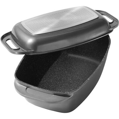 STONELINE Aluguss Bräter mit Deckel 43x26 cm, 8,4 L Bräter Induktion Backofengeeignet Für alle Herdarten, Deckel als Auflaufform verwendbar, Topf Antihaft Beschichtet mit echten Steinpartikeln, Grau STONELINE Aluguss Bräter mit Deckel 43x26 cm, 8,4 L Bräter Induktion Backofengeeignet Für alle Herdarten, Deckel als Auflaufform verwendbar, Topf Antihaft Beschichtet mit echten Steinpartikeln, Grau