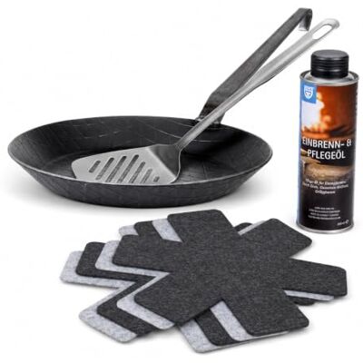 GRÄWE F400 Schmiedeeiserne Bratpfanne Ø 24 cm Starterset mit Wender Unbeschichtet, bis 400 °C, induktionsgeeignet, inklusive Wender, Pfannenschutz sowie Einbrenn- und Pflegeöl GRÄWE F400 Schmiedeeiserne Bratpfanne Ø 24 cm Starterset mit Wender Unbeschichtet, bis 400 °C, induktionsgeeignet, inklusive Wender, Pfannenschutz sowie Einbrenn- und Pflegeöl